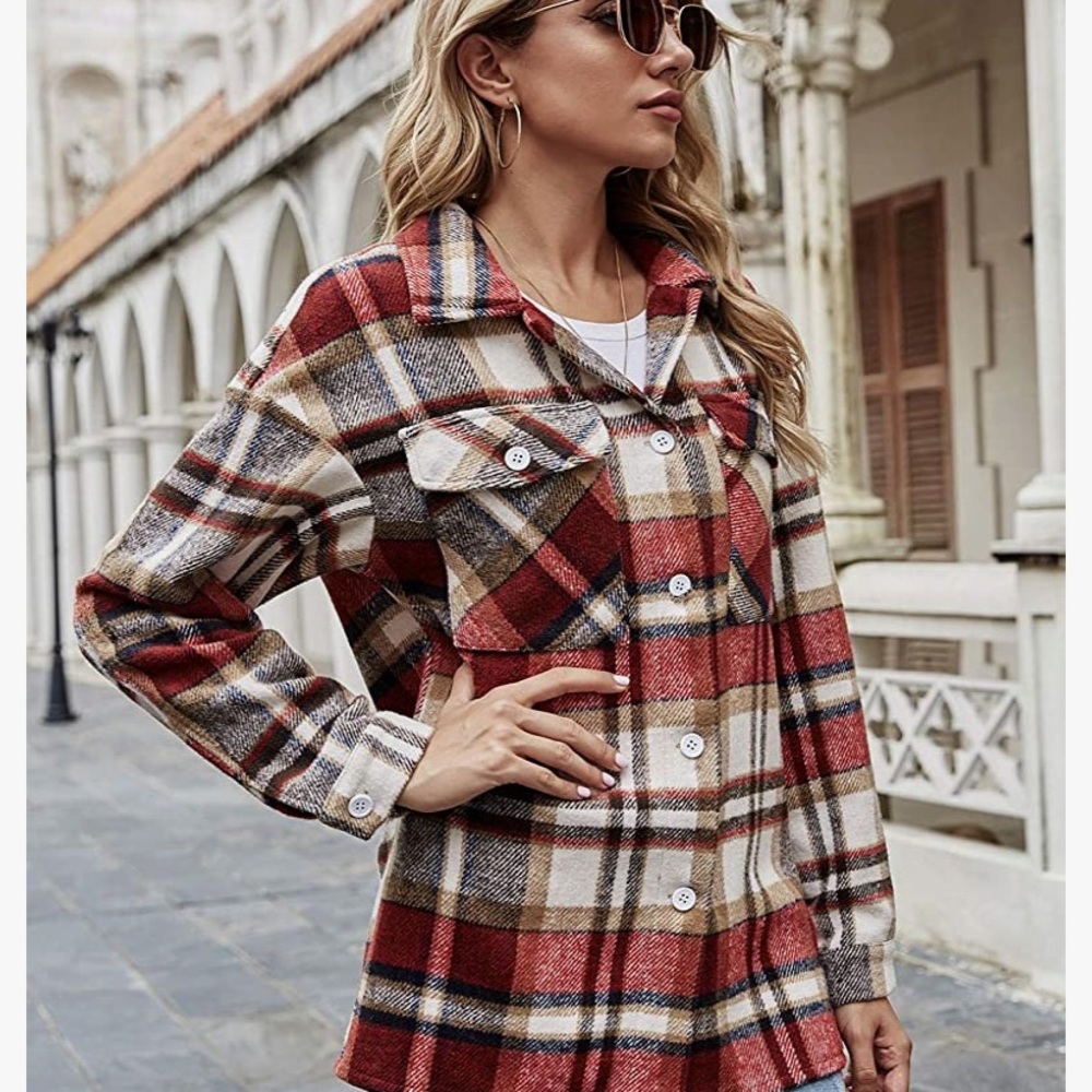 Locachy Women's Casual Plaid Button Down Wool Blend Shacket